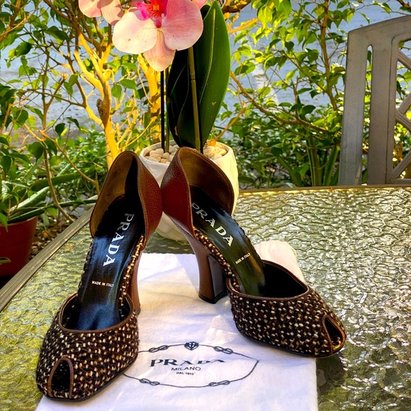 Prada Brown Tweed & Leather Peep Toe D'Orsay Heels
